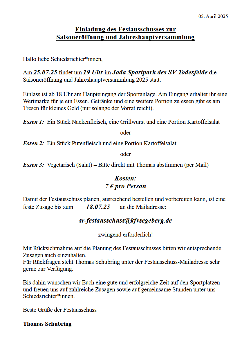 Saisoneröffnung am 25.07.